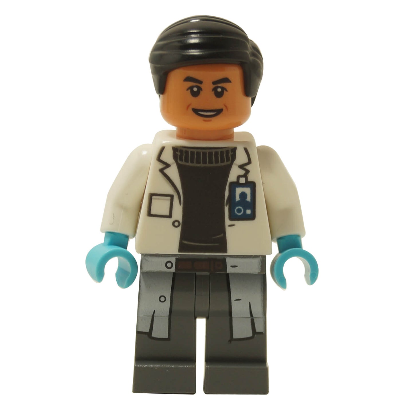 Close-up of LEGO® Dr. Henry Wu minifigure (jw015) with smiling face, white lab coat, black sweater print, InGen ID badge, and gray legs from set 75919.