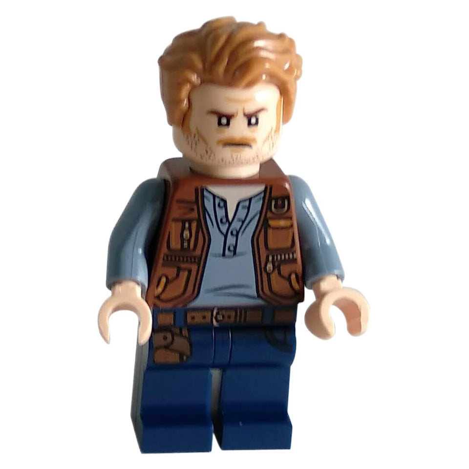 LEGO Owen Grady minifigure (jw023) with brown utility vest, blue shirt, and stubble