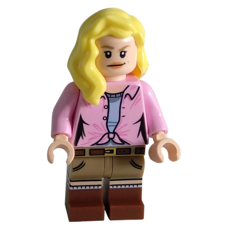 LEGO® Ellie Sattler minifigure wearing a pink tied-front shirt over a blue top, tan pants, and brown boots, with long blonde hair.