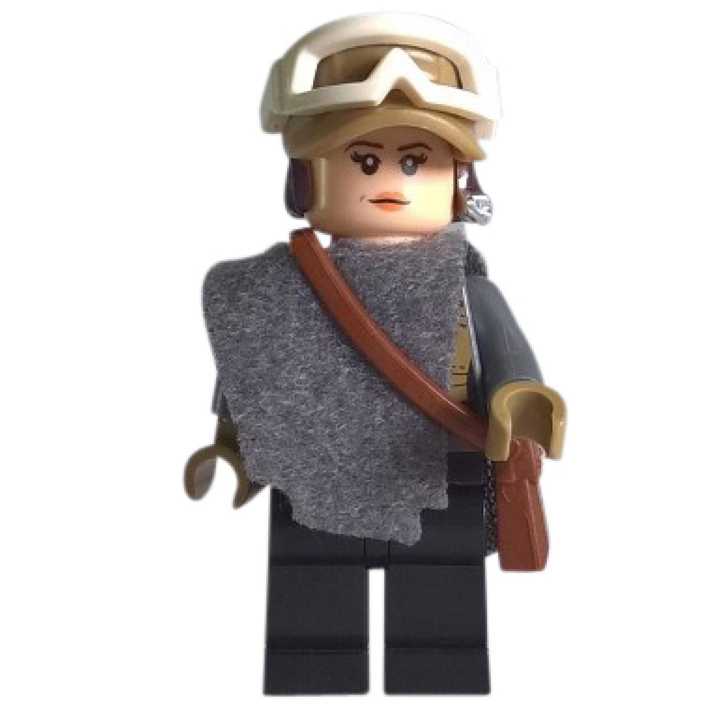 Jyn Erso minifigure front view wearing tan helmet with goggles, gray scarf cape, and dark outfit
