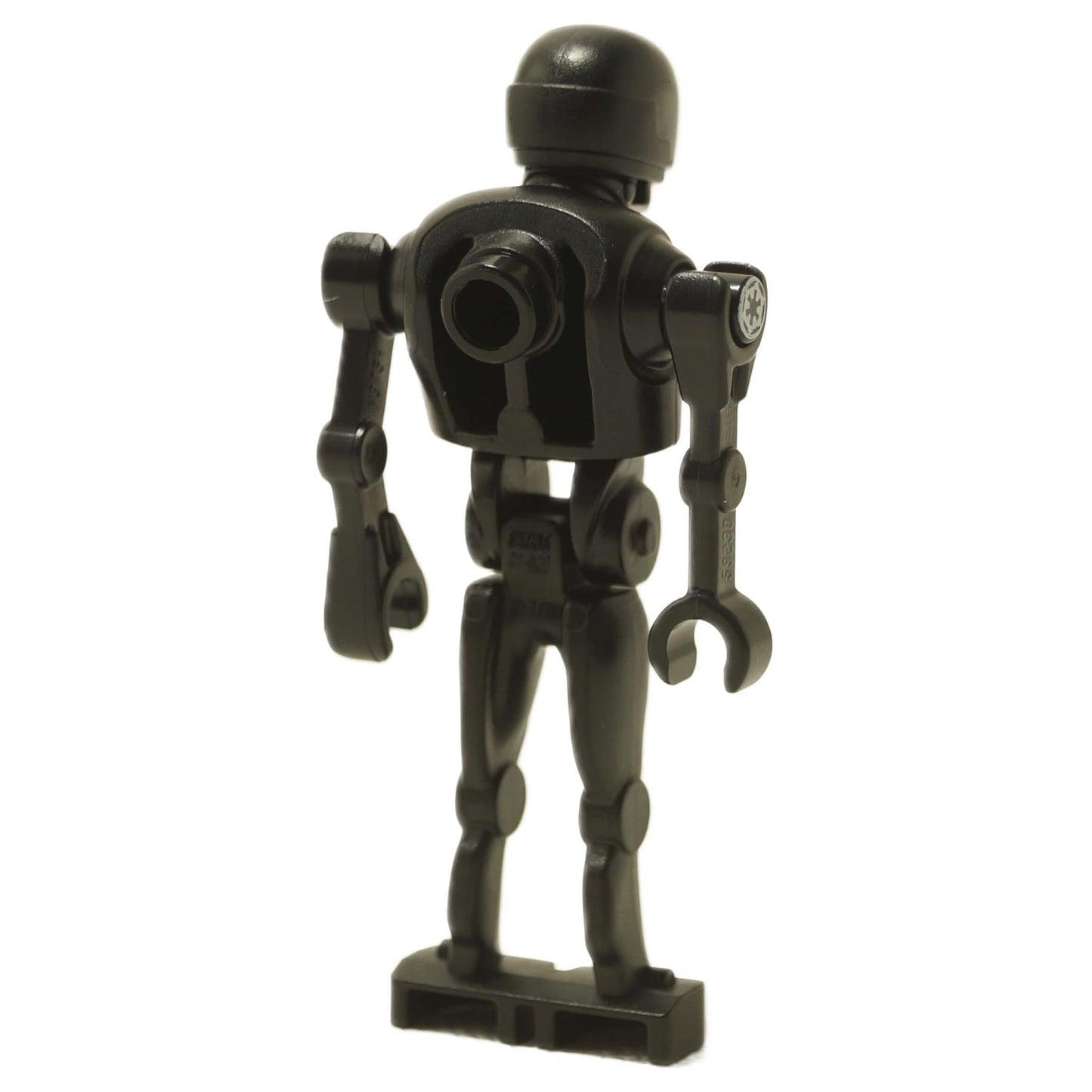 K-2SO droid minifigure back view in black with tall build, printed chest panel, and long limbs
