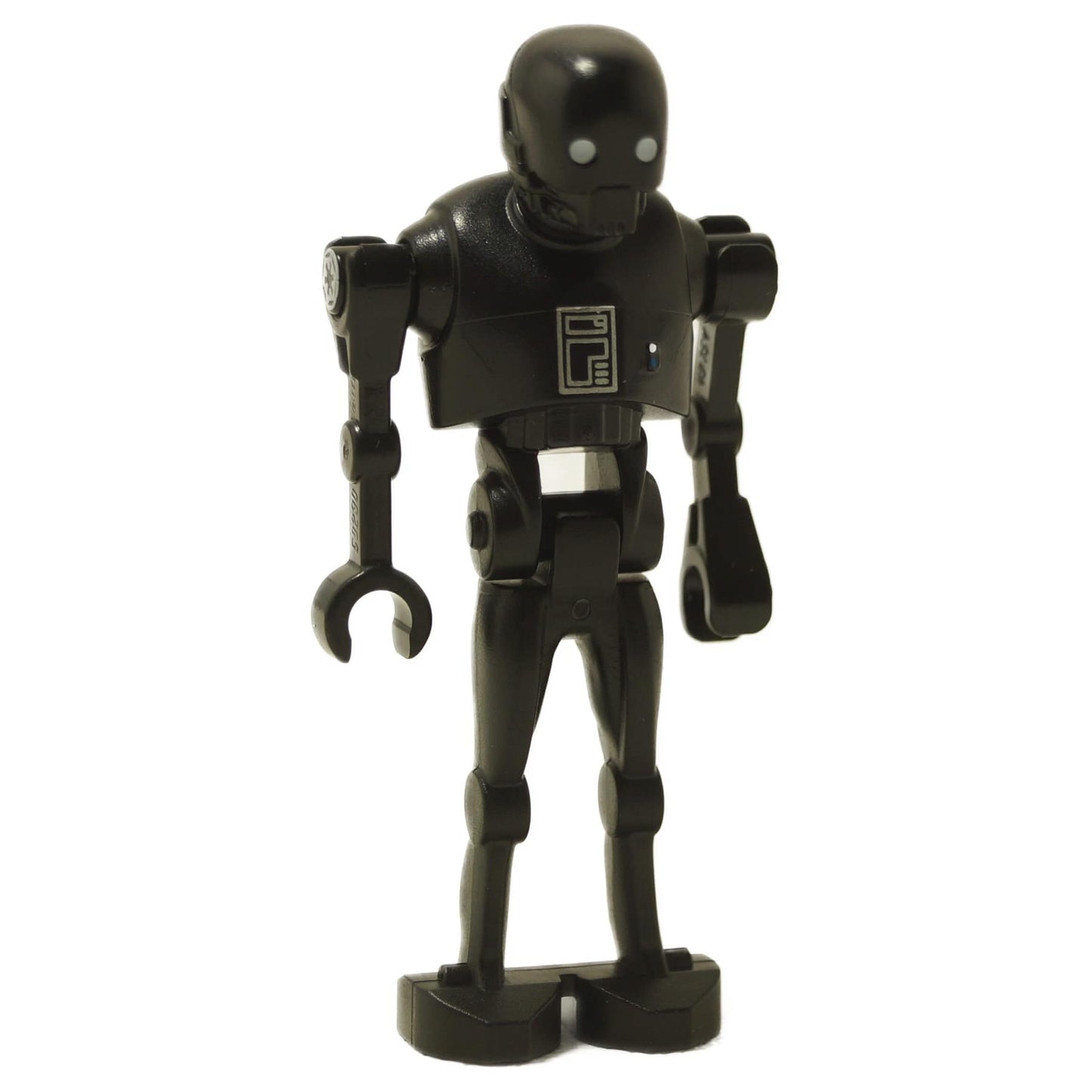 K-2SO droid minifigure front view in black with tall build, printed chest panel, and long limbs
