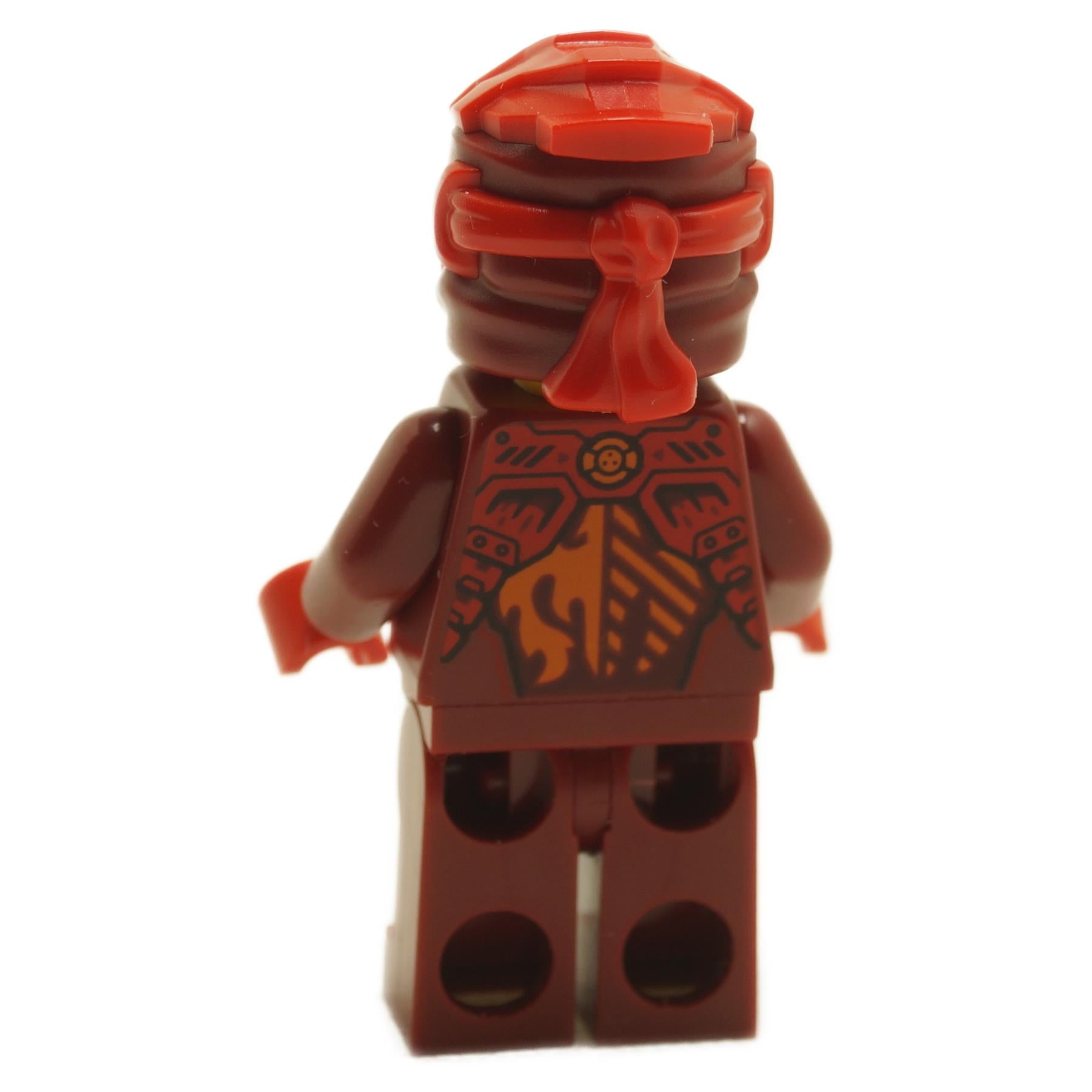 Back view of LEGO® Kai minifigure from NINJAGO Dragons Rising showing dark red and red head wrap and shoulder armor
