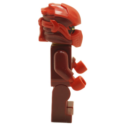Side view of LEGO® Kai minifigure from NINJAGO Dragons Rising wearing tunic with shoulder armor and dark red and red head wrap
