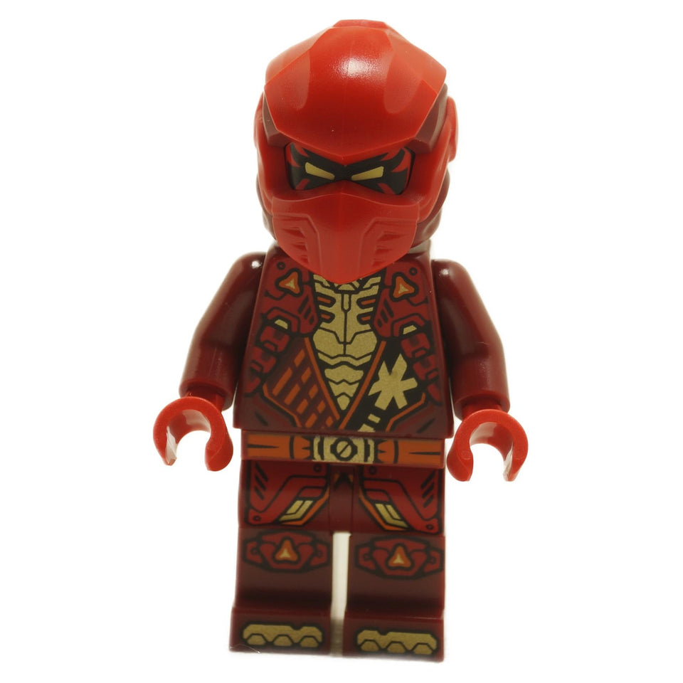 LEGO minifigure representing the character Kai from Ninjago, wearing red and gold ninja armor with a red head wrap.
