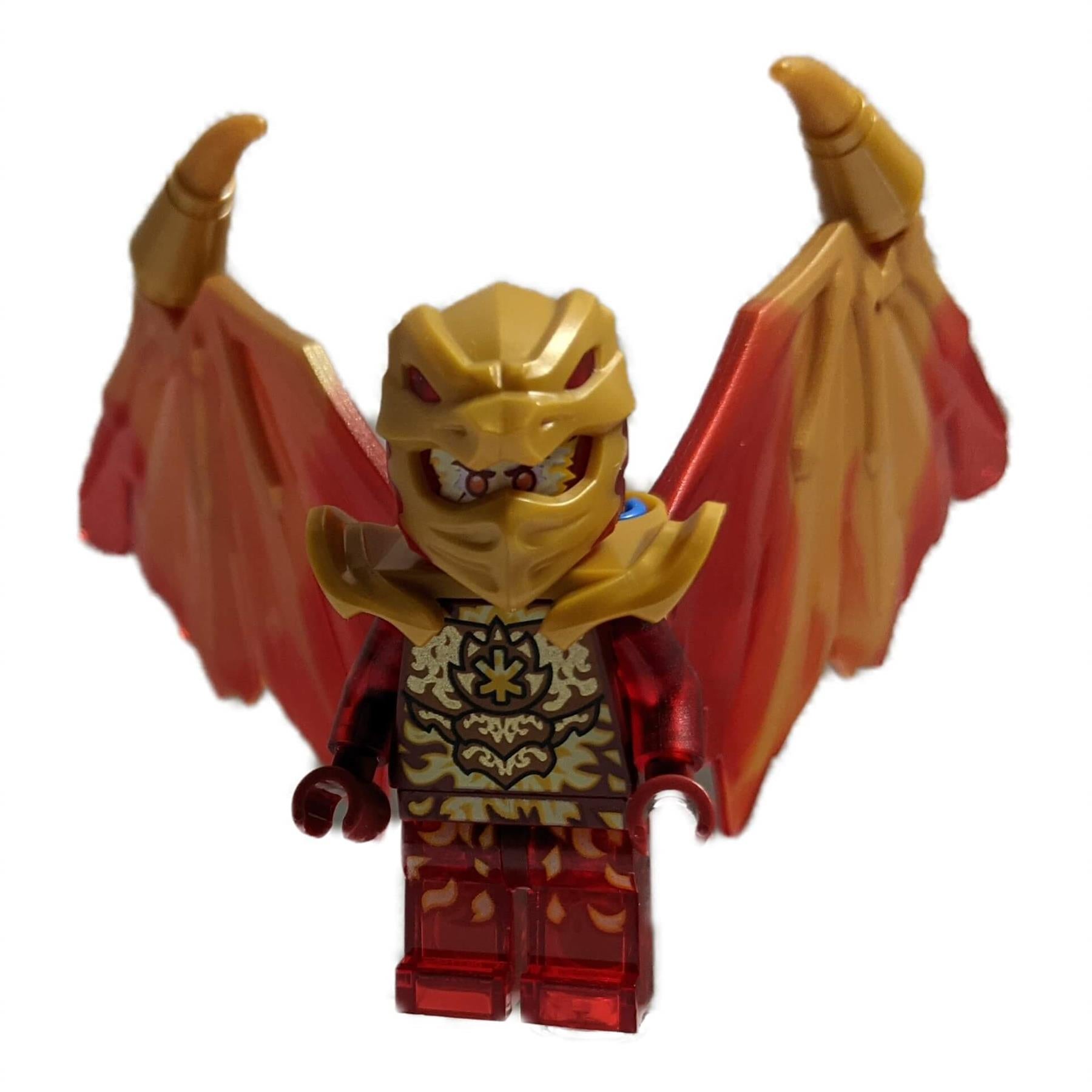 LEGO minifigure of a golden dragon-themed character with red and gold wings, a golden helmet, and flame patterns.