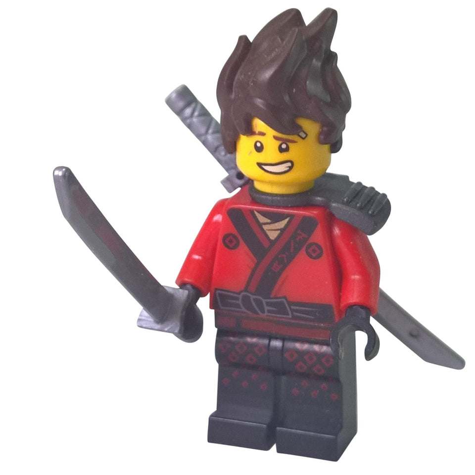 Kai minifigure from The Ninjago Movie with spiky hair, red ninja outfit, sword, and pearl dark gray scabbard
