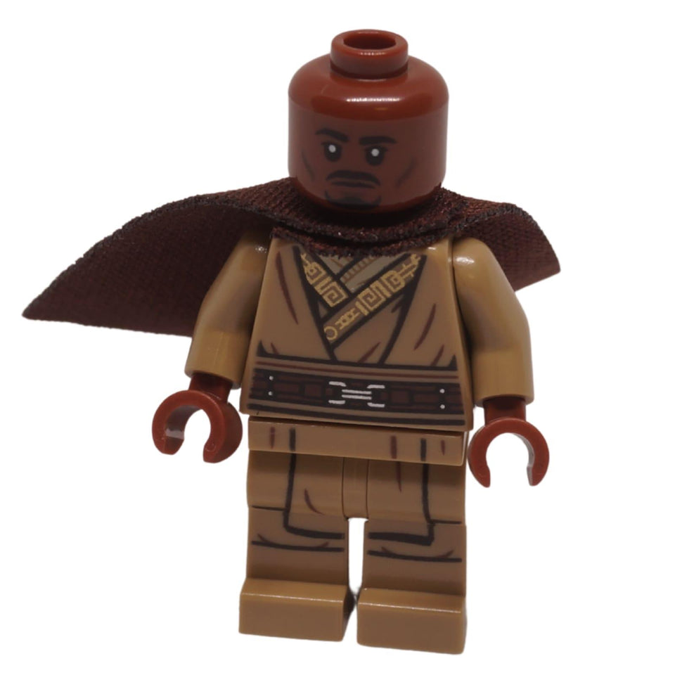 Minifigura de Kelleran Beq vista frontal con túnicas Jedi marrones y capa marrón oscuro
