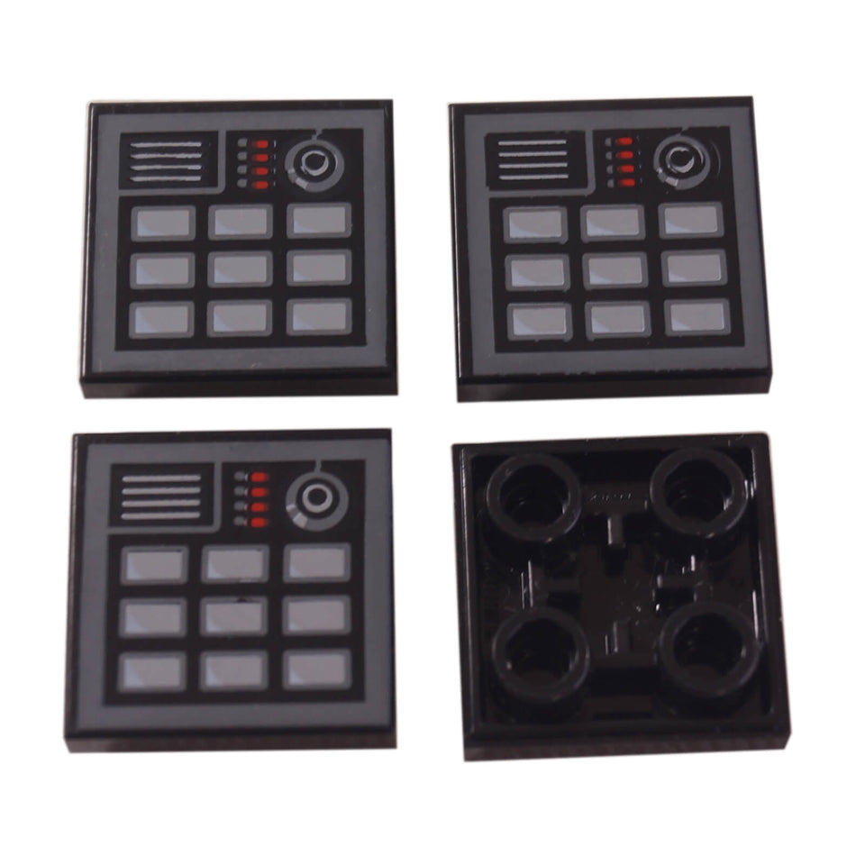 Black LEGO® printed modified 2 x 2 inverted tile with keypad control panel pattern
