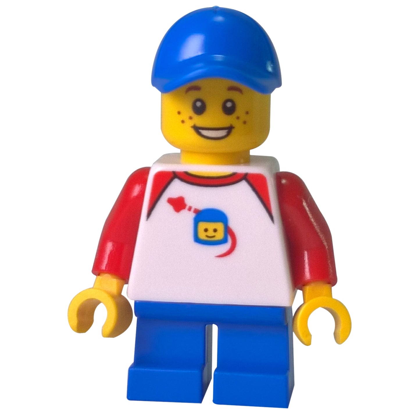 LEGO kid minifigure twn302 white torso blue legs blue cap smiling face