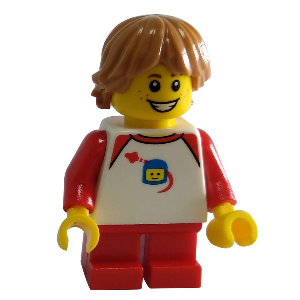 LEGO® kid minifigure twn339 white torso red legs brown hair smiling face