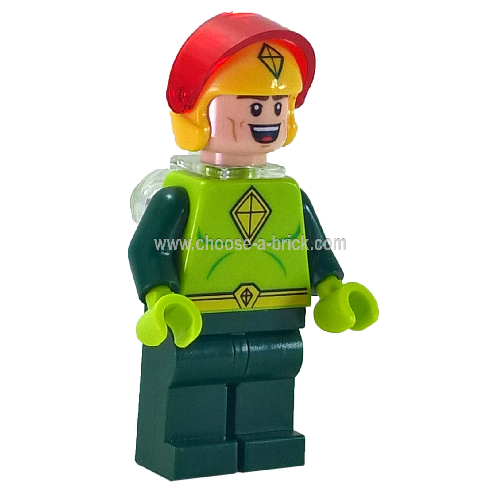 Kite Man LEGO® minifigure sh336 front view green torso jetpack
