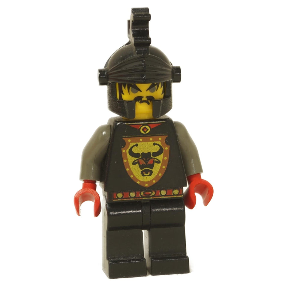 LEGO® Knights Kingdom I Cedric the Bull minifigure with black helmet, bull crest shield print and red hands close-up view