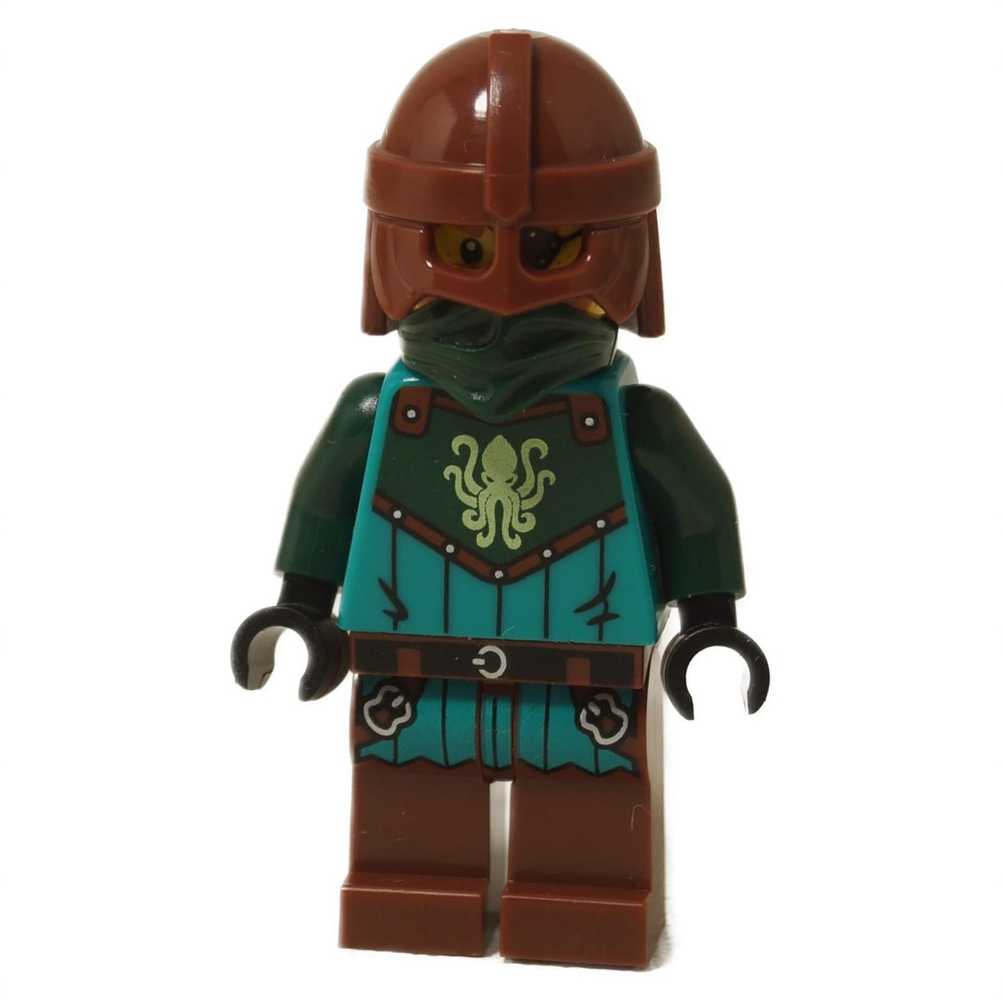 Back view of LEGO® Kraken Warrior Minifigure showing teal armor and brown helmet.