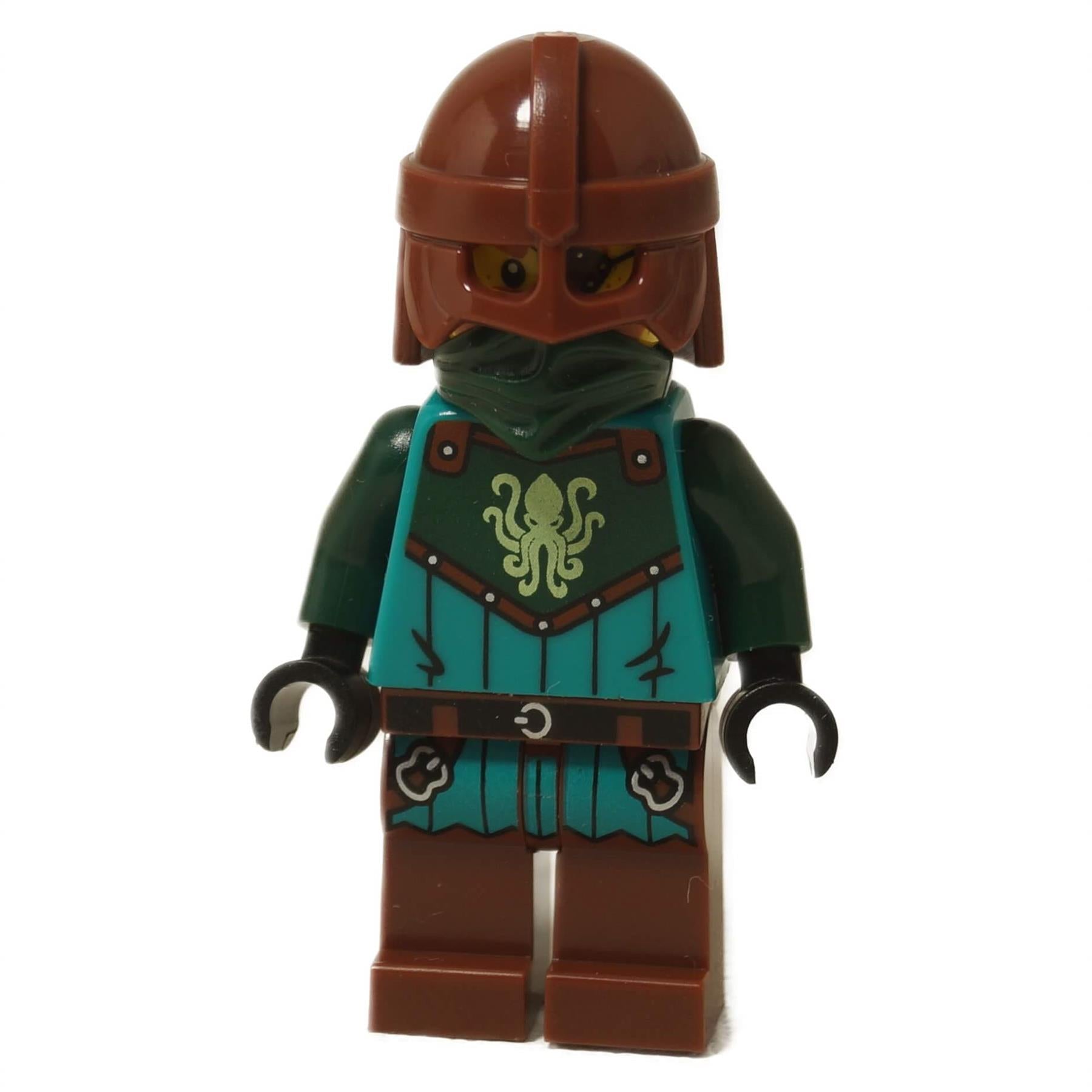 Back view of LEGO® Kraken Warrior Minifigure showing teal armor and brown helmet.