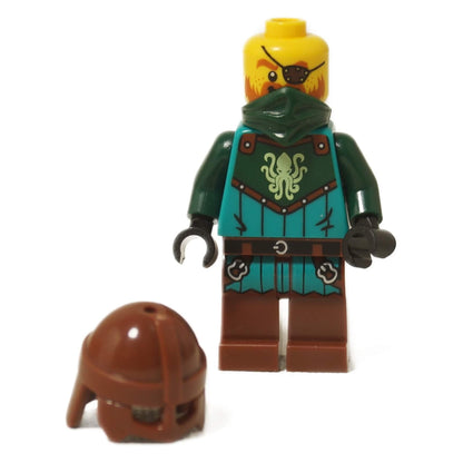 LEGO® Kraken Warrior Minifigure with helmet removed, showing face with eye patch and green scarf.