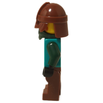 Front view of LEGO® Kraken Warrior Minifigure wearing brown helmet with eye slit and teal chest armor.