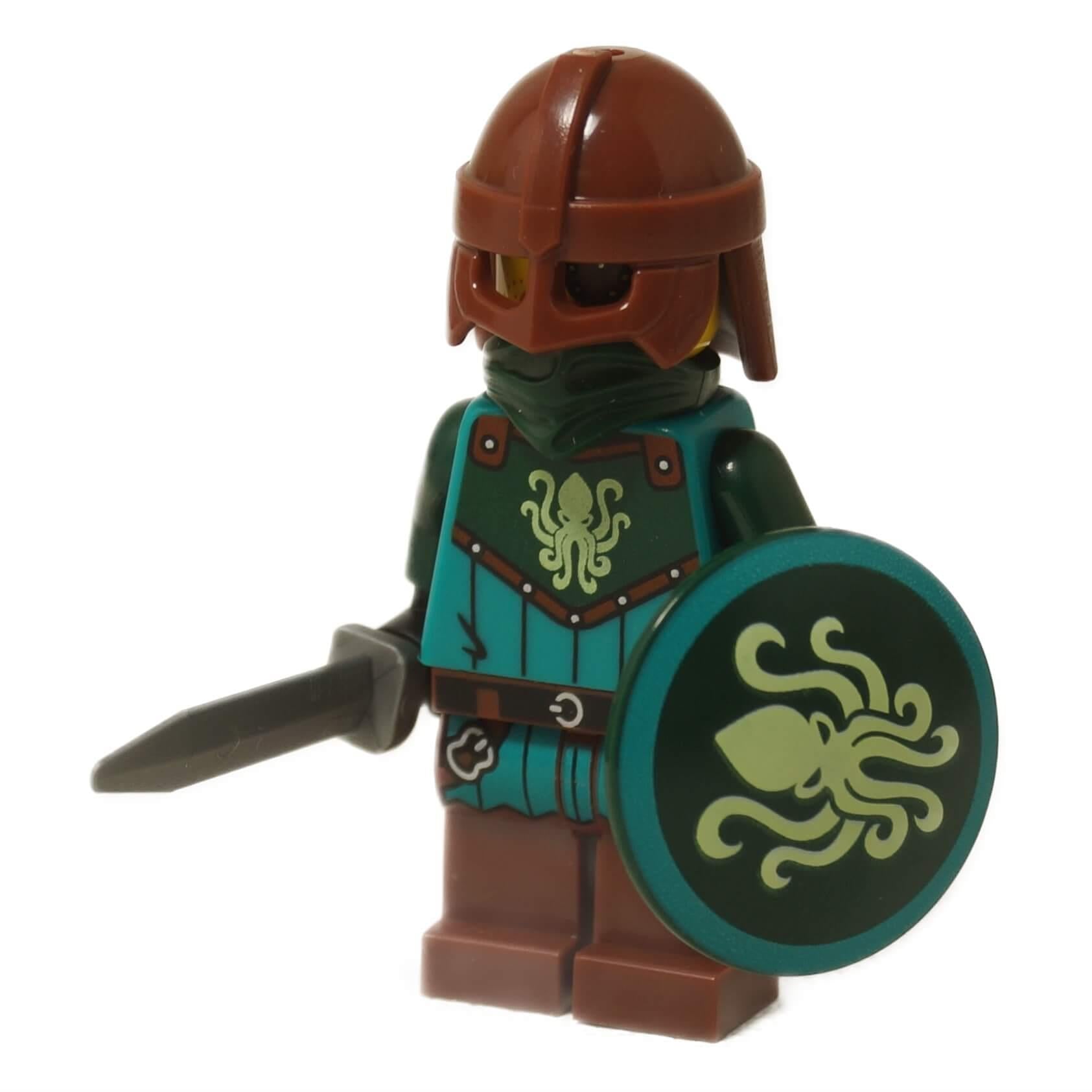 Front view of LEGO® Kraken Warrior Minifigure with sword, brown helmet, and printed squid shield.