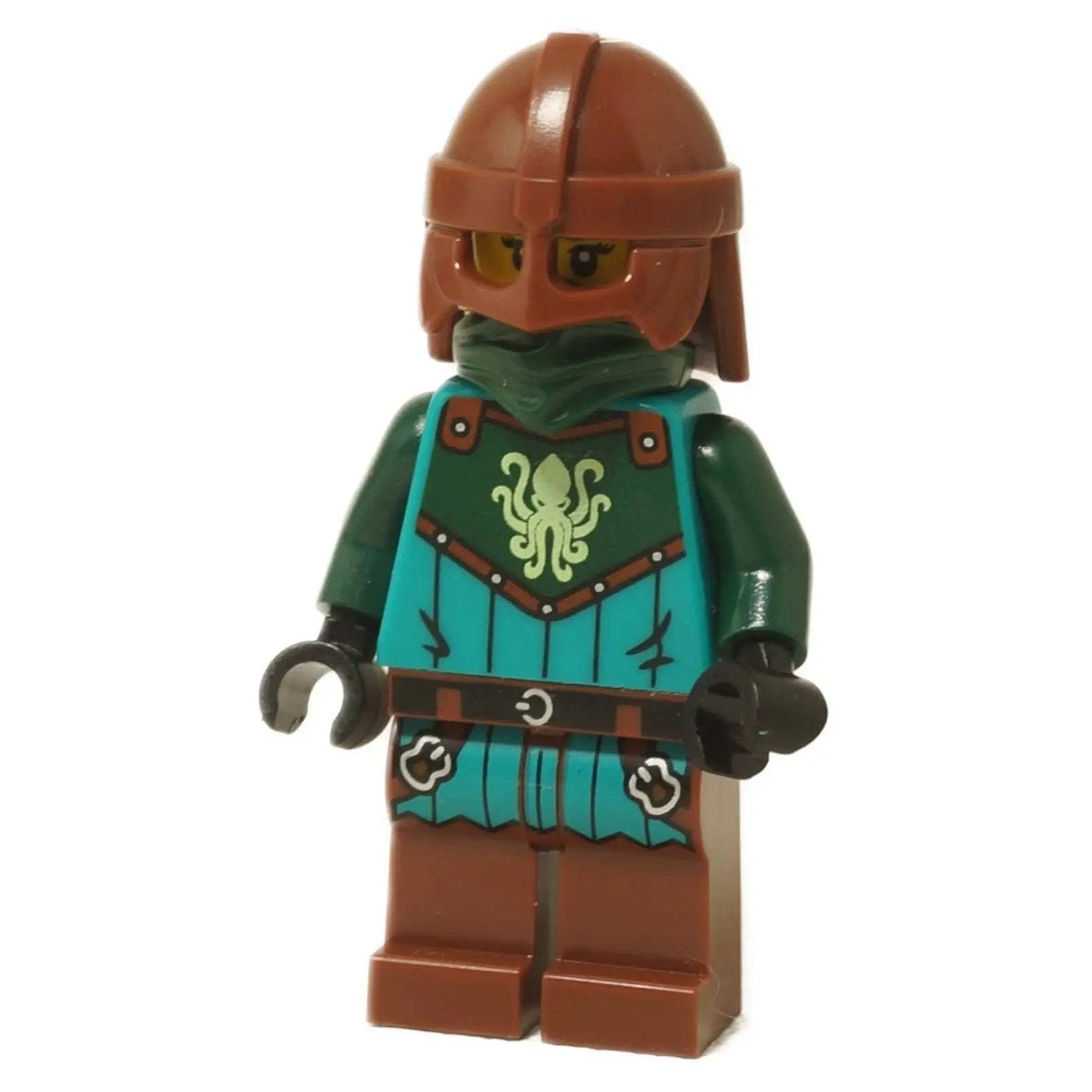 LEGO Kraken Warrior female minifigure idea234 with reddish brown helmet, front