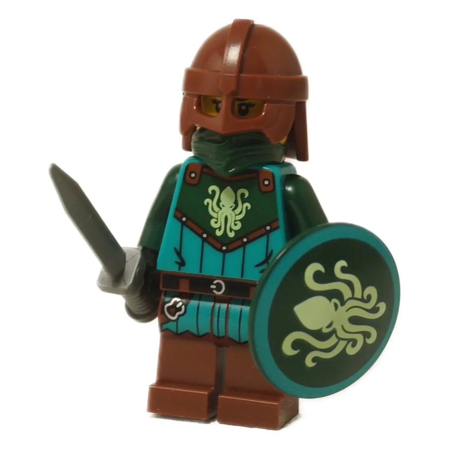 LEGO® Kraken Warrior female minifigure idea236 with reddish brown helmet, teal and copper armor, sword, and kraken emblem shield from set 21358