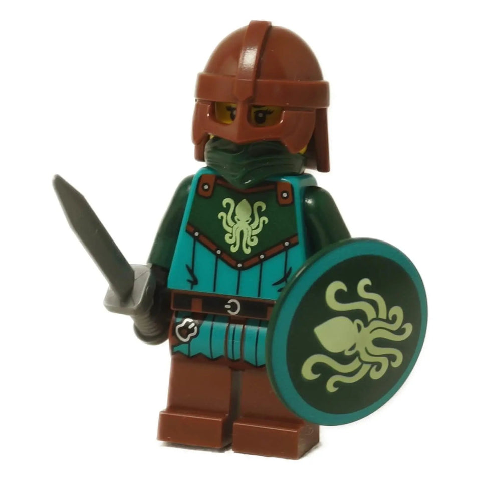 LEGO® Kraken Warrior female minifigure idea236 with reddish brown helmet, teal and copper armor, sword, and kraken emblem shield from set 21358