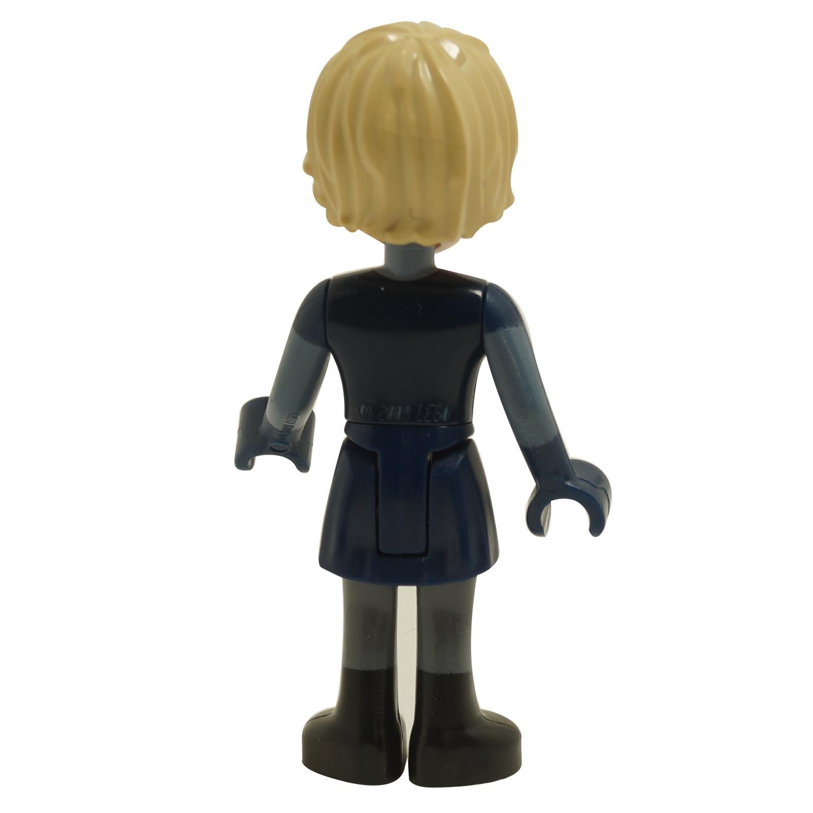 Back view of LEGO® Disney Kristoff mini-doll dp137 wearing a dark blue tunic with sand blue sleeves and black boots
