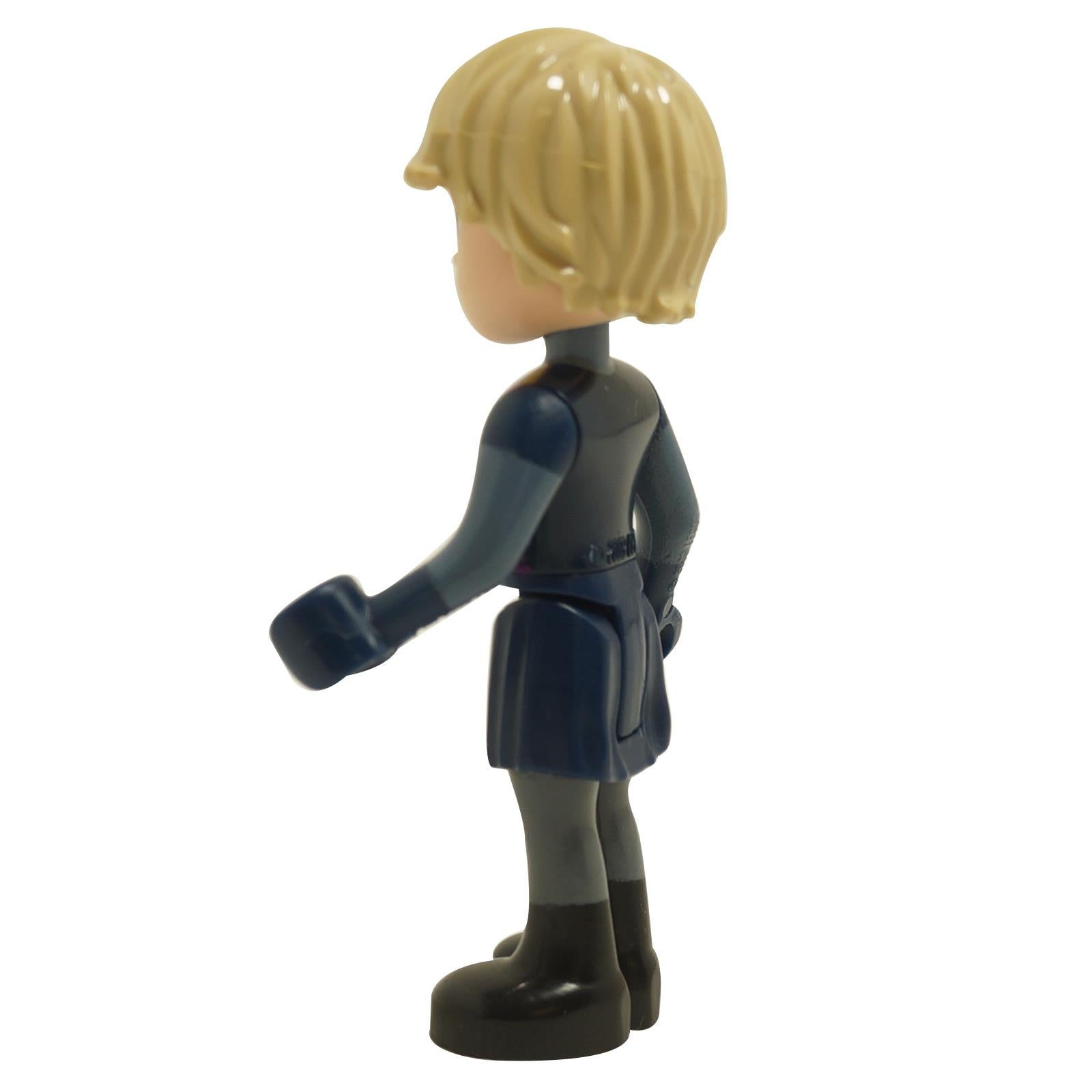 Side view of LEGO® Disney Kristoff mini-doll dp137 wearing a dark blue tunic with sand blue sleeves and black boots
