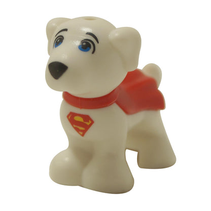 Krypto the Superdog minifigure in white with red cape and S logo on chest, front view
