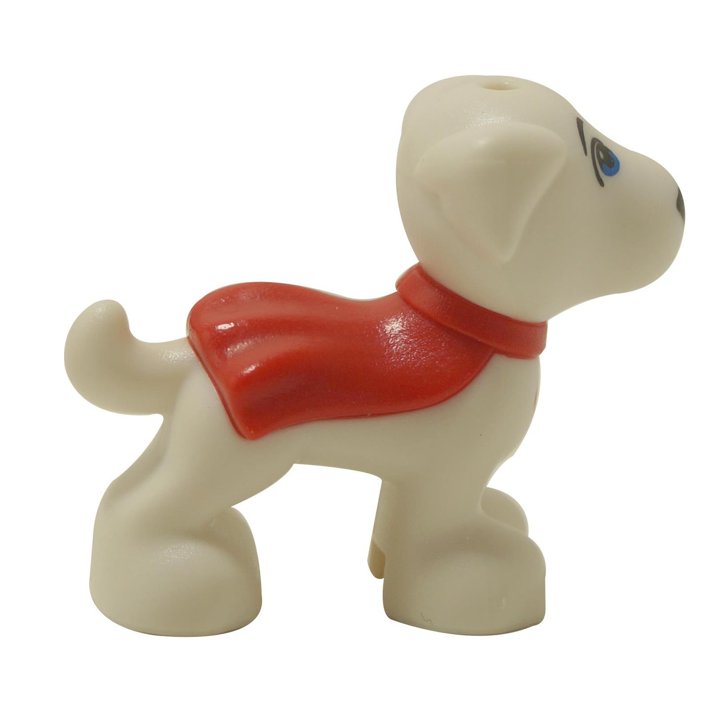 Krypto the Superdog minifigure in white with red cape and S logo on chest, side view
