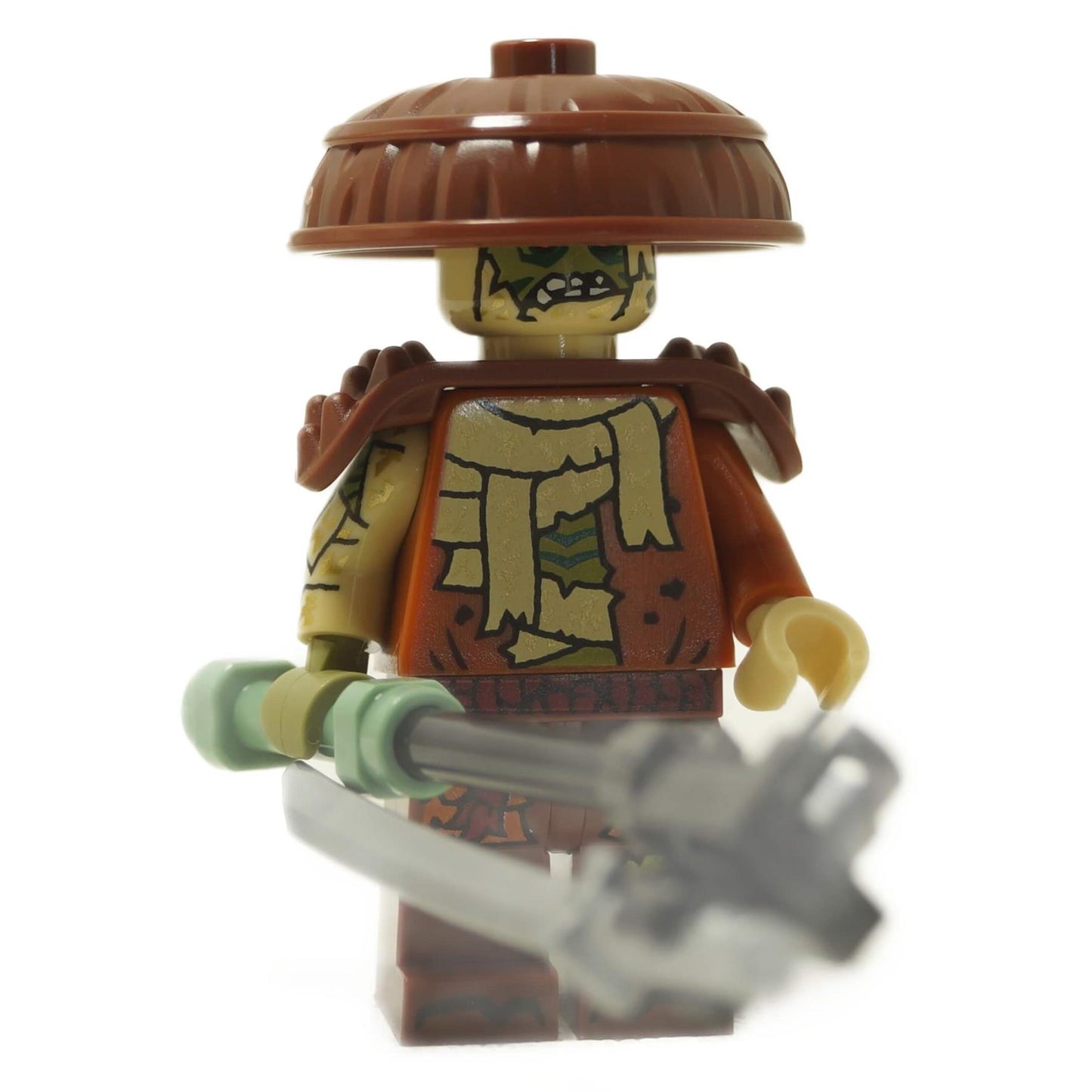 Kur Minifigure Master of Decay holding chain weapon, cracked torso print, brown armor, straw hat
