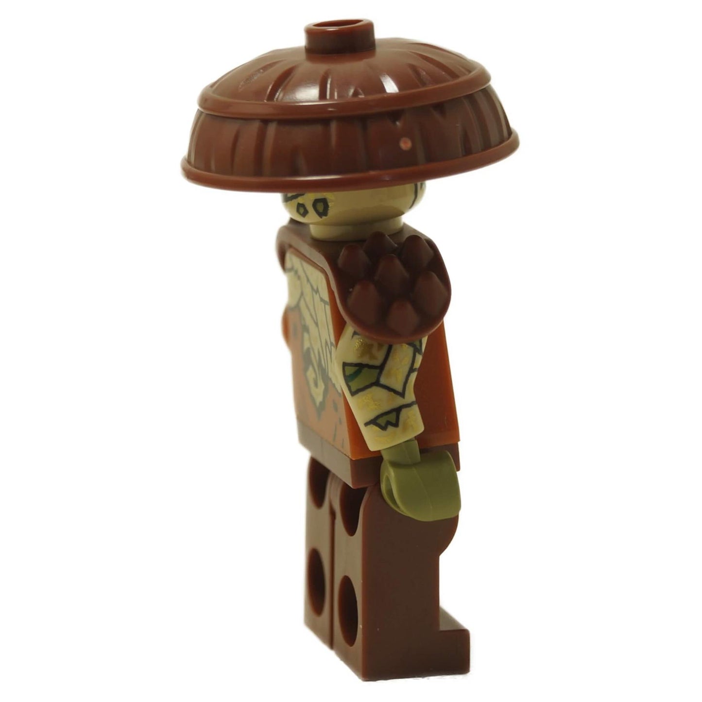 Kur Minifigure Master of Decay side profile with layered brown armor, straw hat, and printed arm
