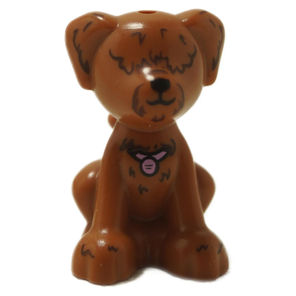 Labradoodle dog figure with pink collar and hair covering eyes, shown from front angle
