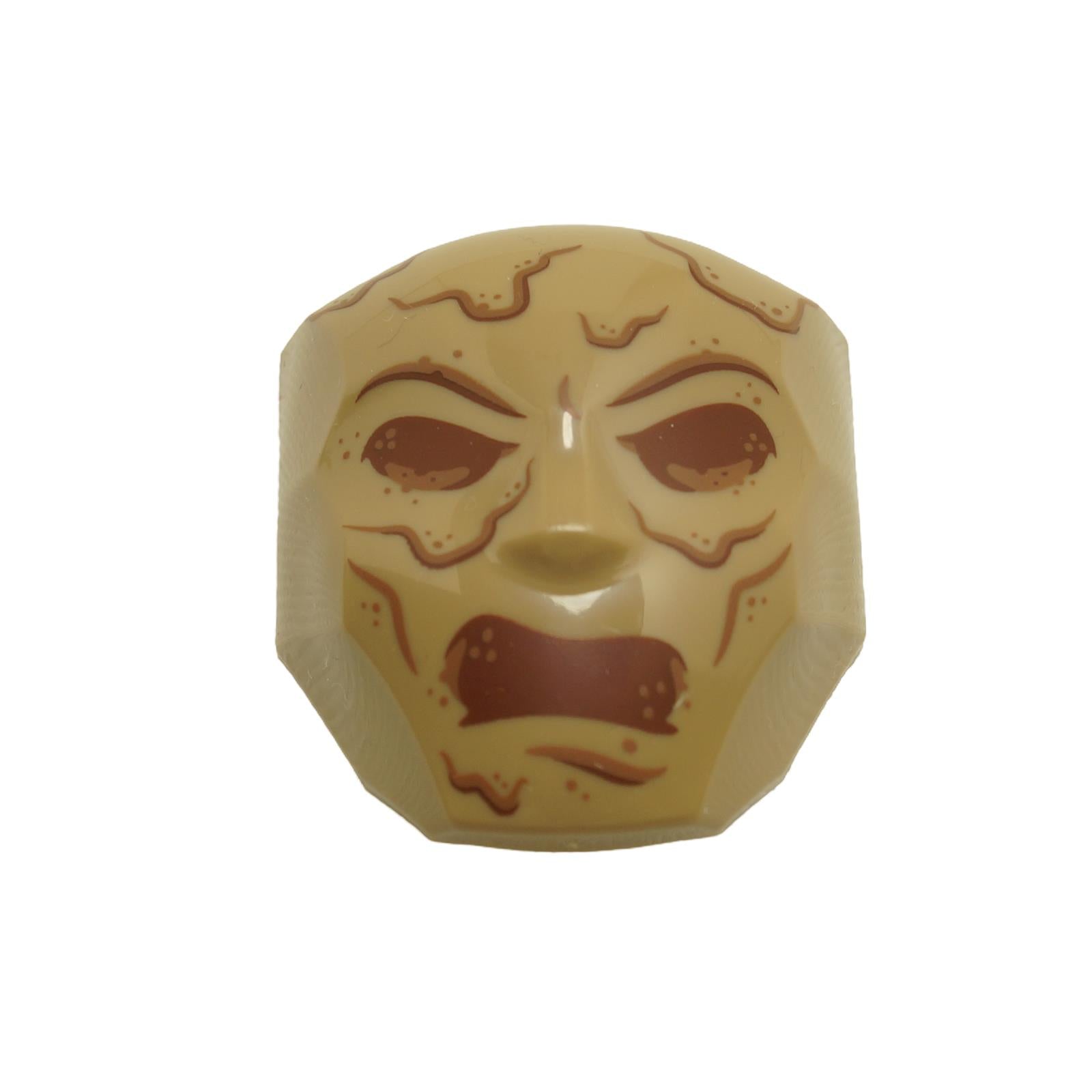 Large molded Sandman figure face in tan with reddish brown eyes and textured crack details