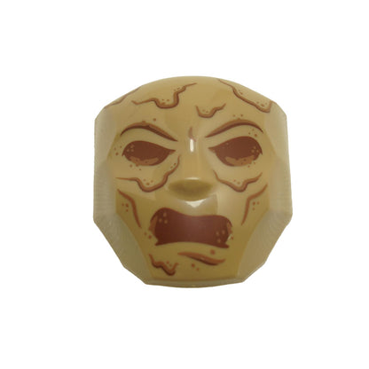Large molded Sandman figure face in tan with reddish brown eyes and textured crack details