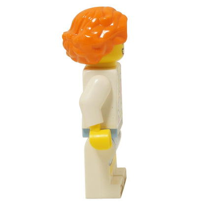 side profile view of LEGO Ninjago Lauren minifigure with bright orange hair wearing white ninja outfit njo0350
