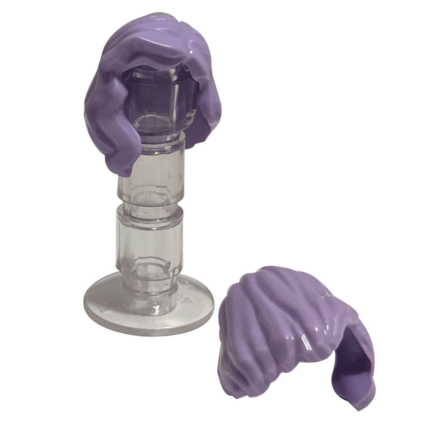 minifigure female mid length hair lavender with part over right shoulder detailed hairstyle accessory piece
