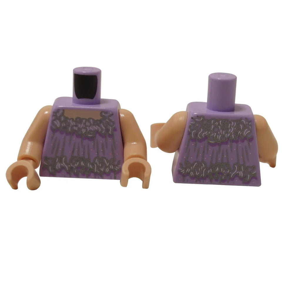 Lavender minifigure torso with smock print, frills and pink dot details, light nougat arms, front and back view.
