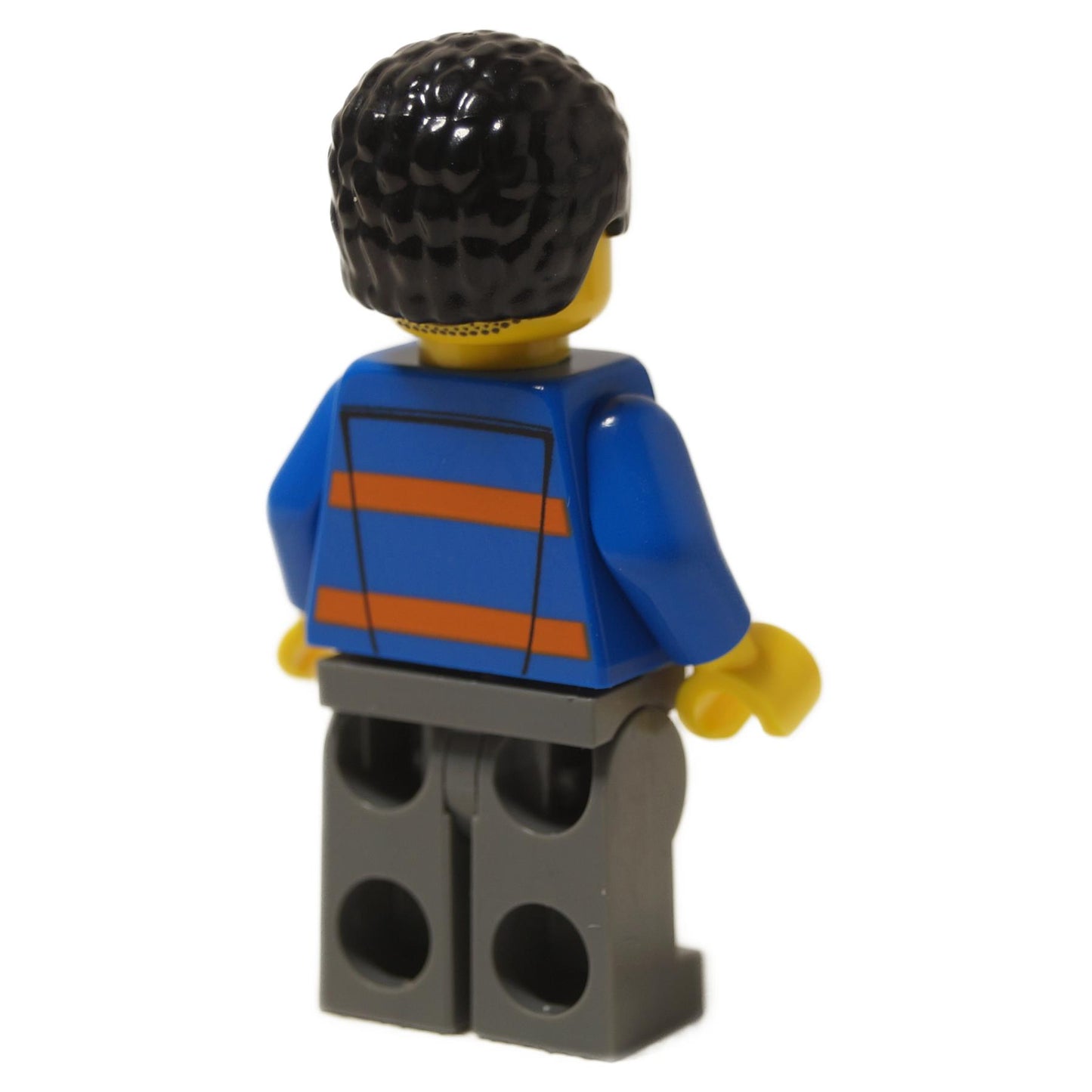 LEGO® Minifigura de Operador de Cortacésped (cty1574) mostrando la parte posterior de la chaqueta azul con rayas naranjas y cabello negro, vista trasera.