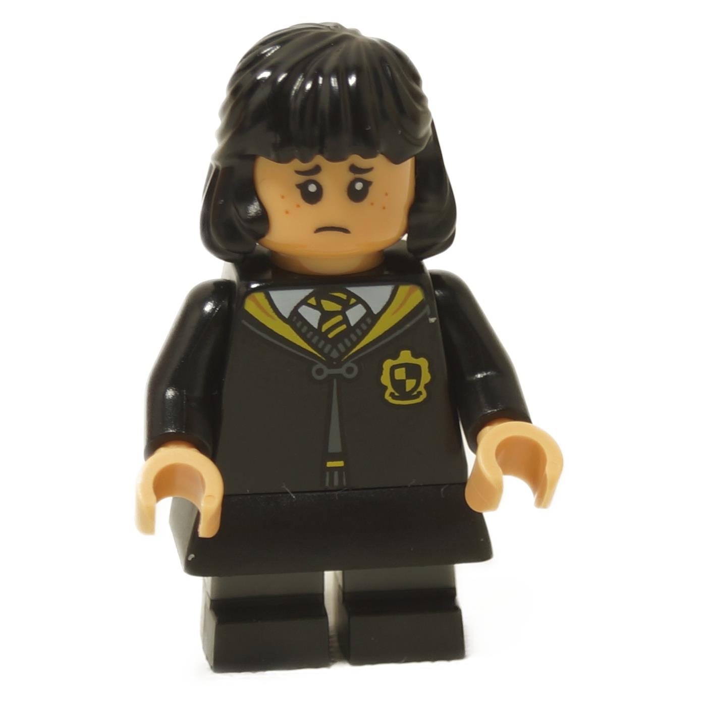 LEGO® Leanne minifigure hp490 wearing black Hogwarts uniform with yellow tie and crest, worried expression with freckles close-up view