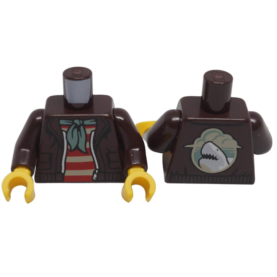 Front and back view of LEGO® minifigure torso 973pb4862c01 with leather jacket, striped shirt and shark logo print