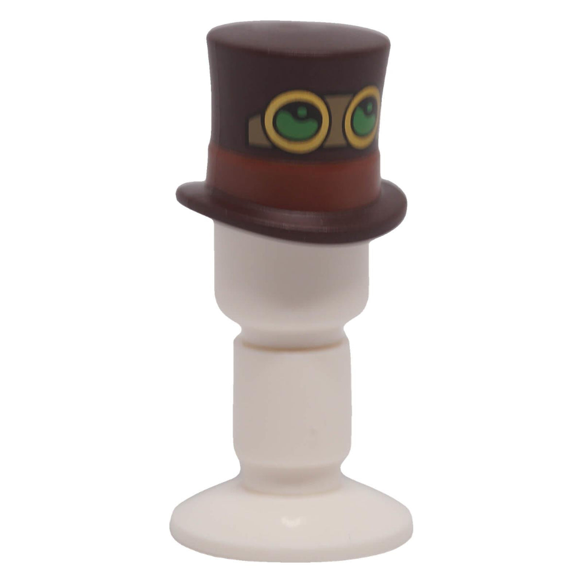 LEGO® 101777pb03 large top hat with reddish brown band and bright green goggle lenses front view