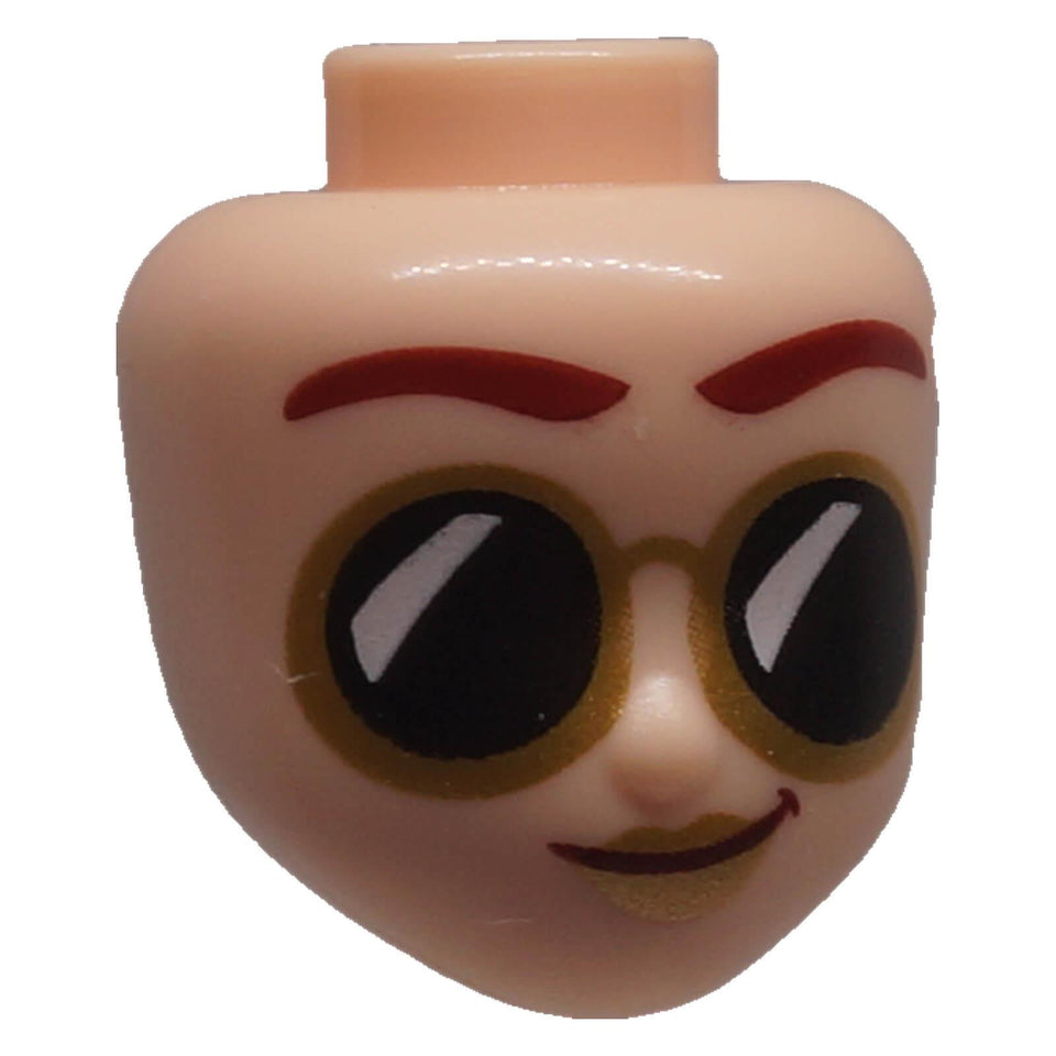 LEGO® 106015 mini-doll head with gold sunglasses, dark red eyebrows and gold lips