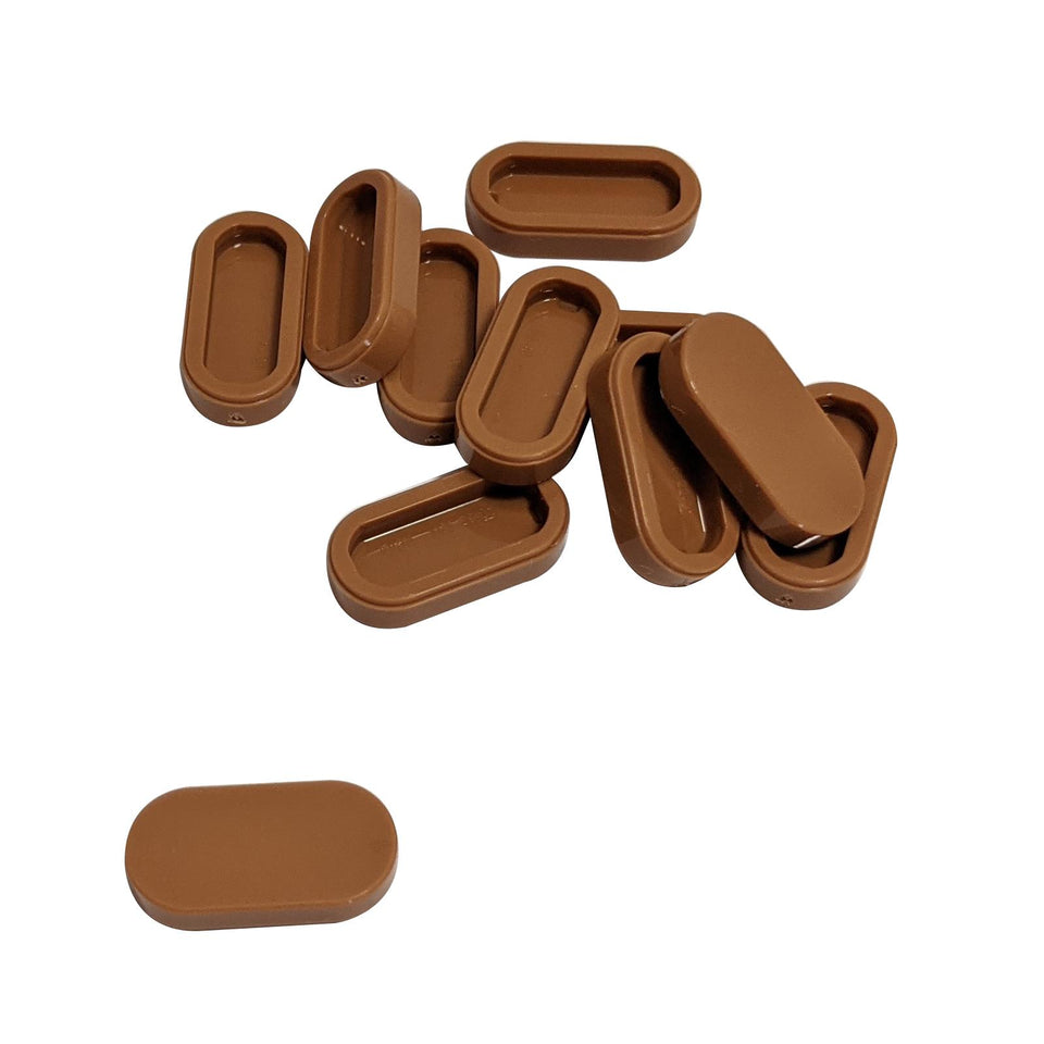 LEGO® Round Tile 1 x 2 Oval 1126 in Medium Nougat, showing smooth oval tops and recessed undersides