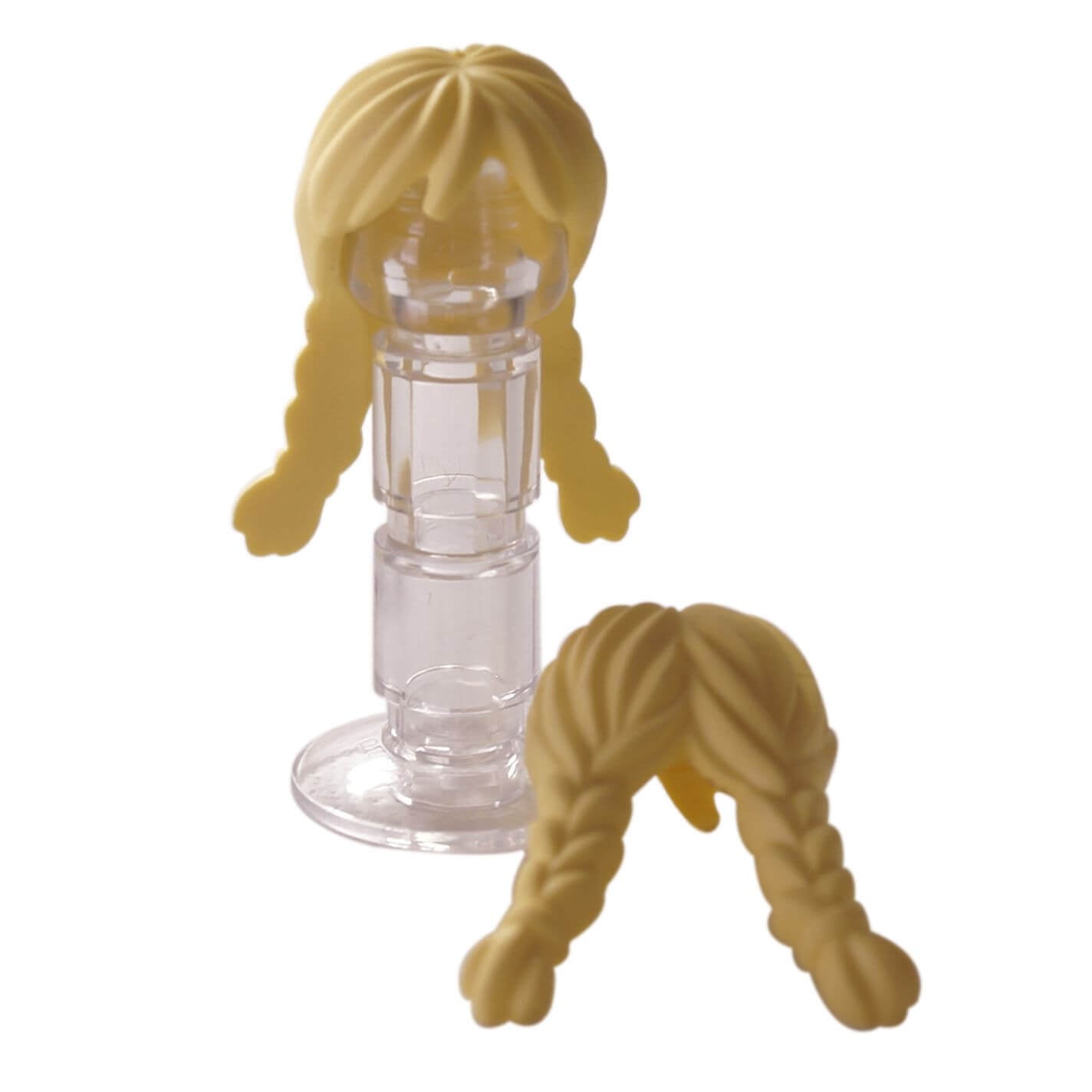 Two views of bright light yellow LEGO long braided pigtail hair 13784.