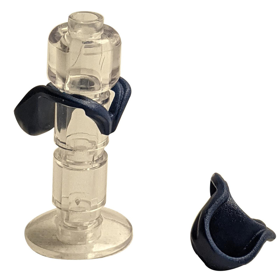 Dark blue LEGO Minifigure Hood Folded Down 15428 on a clear stand.