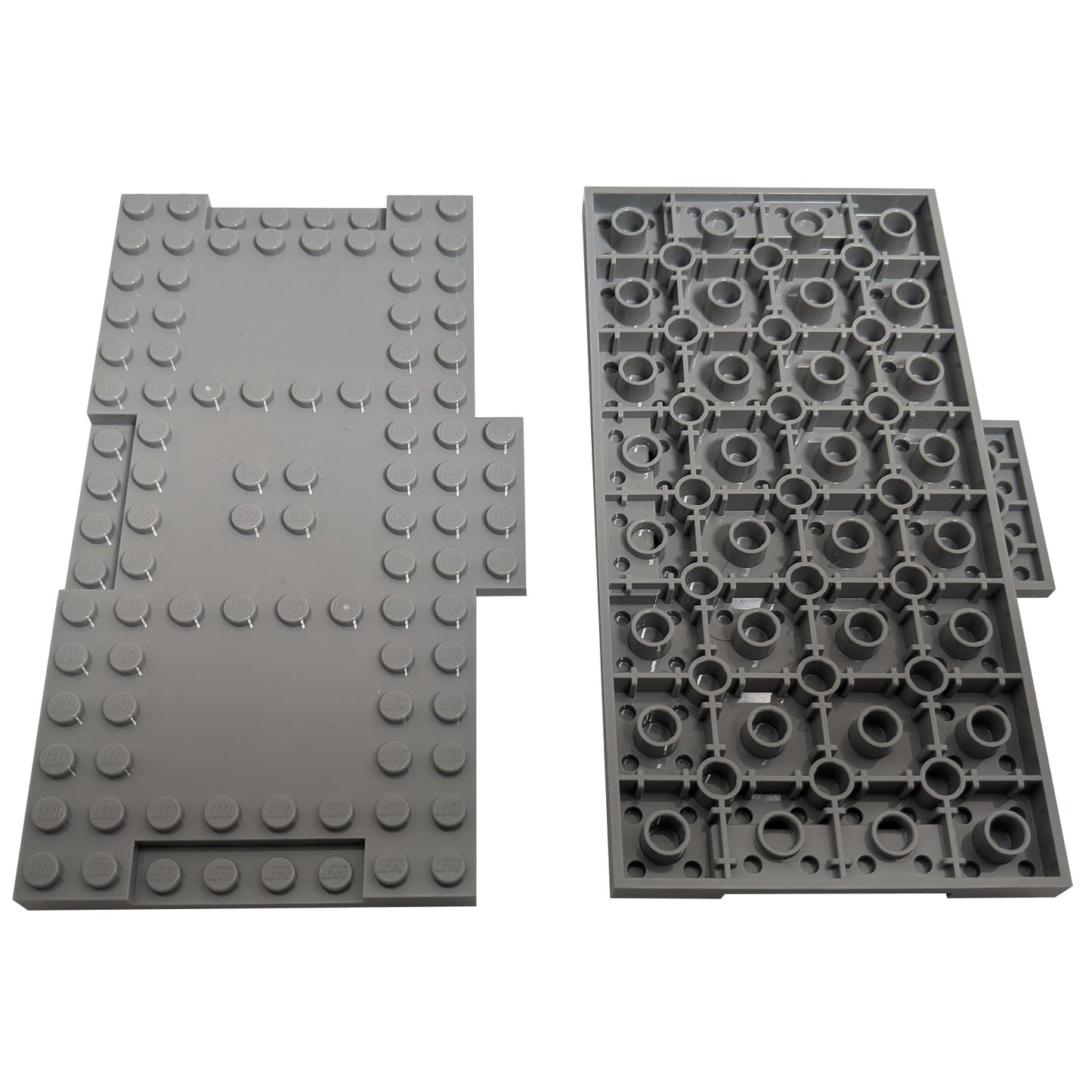 Brick Modified 8 x 16 x 2/3 with 1 x 4 Indentations and 1 x 4 Plate in dark bluish gray – LEGO® part 18922, large structural panel used for bases and support
