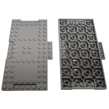 Brick Modified 8 x 16 x 2/3 with 1 x 4 Indentations and 1 x 4 Plate in dark bluish gray – LEGO® part 18922, large structural panel used for bases and support
