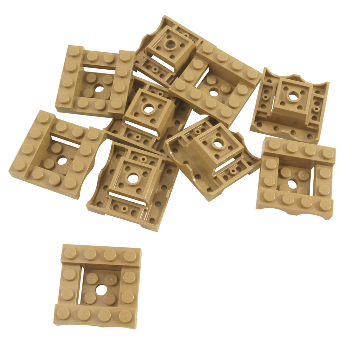 Ten dark tan LEGO® Part 24151 vehicle mudguards with double curved wheel arches and a 4 x 4 studded frame, shown from multiple angles