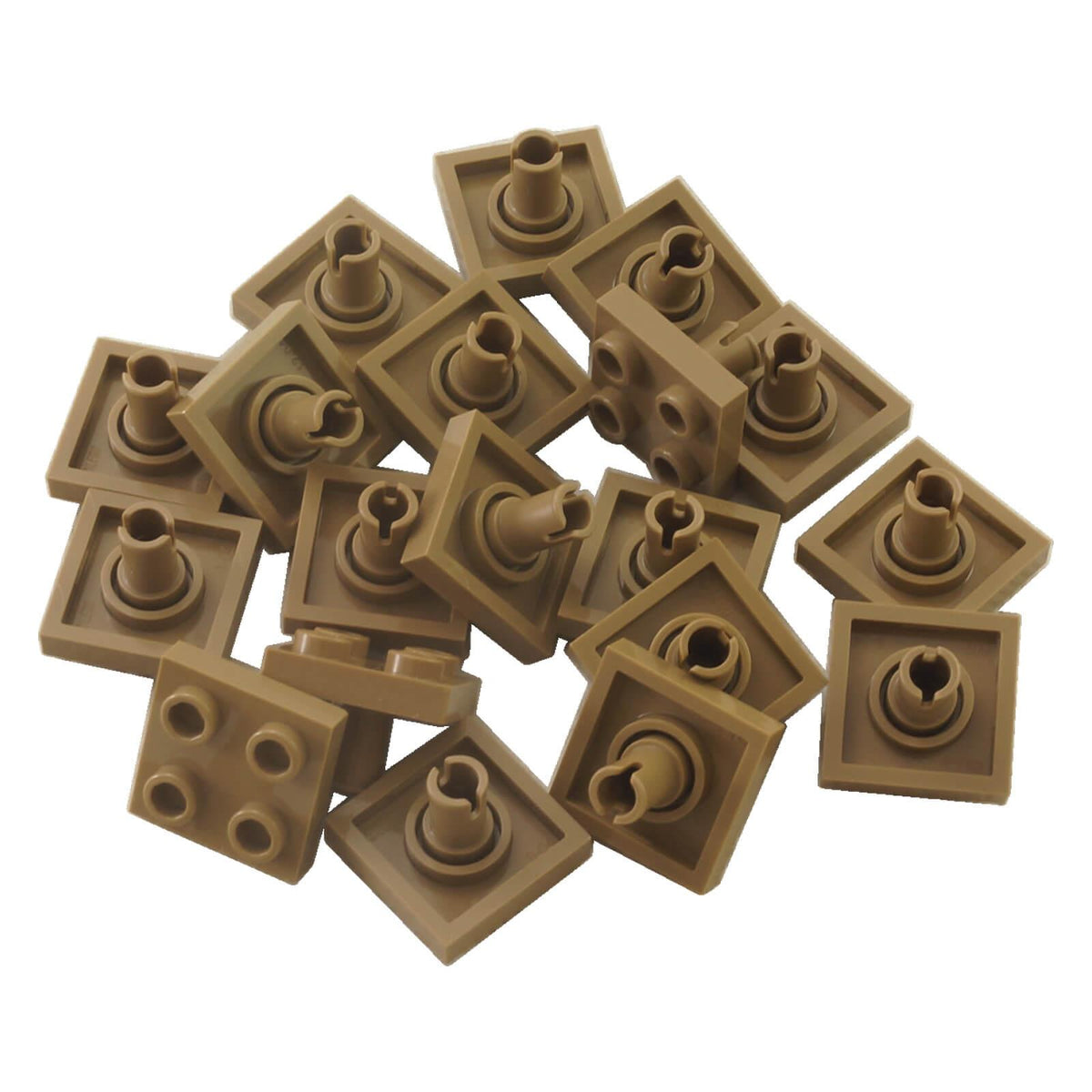Dark Tan LEGO 2476 modified 2 x 2 plates with pins on the bottom, shown in a group of 20 pieces