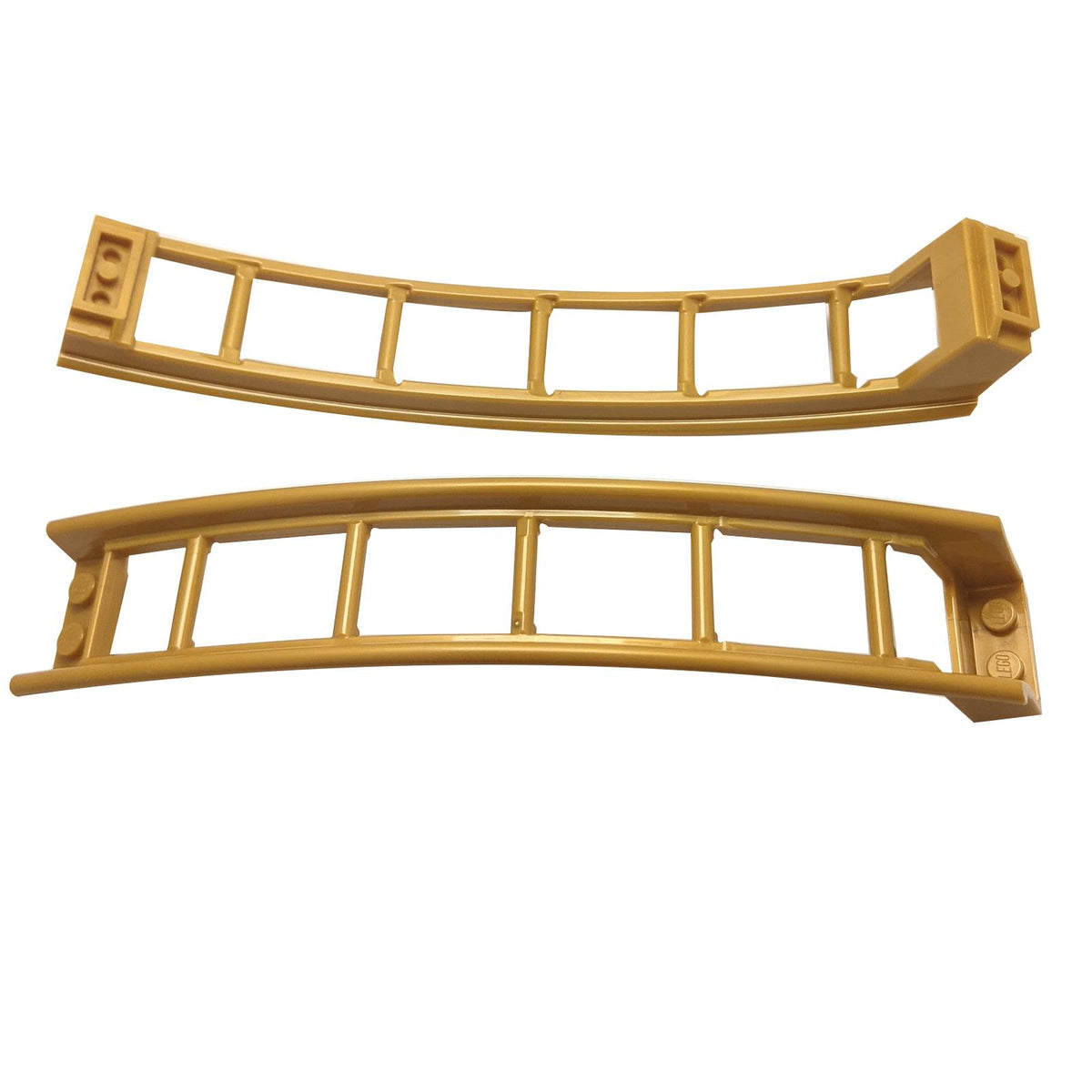 LEGO® Roller Coaster Ramp 26560 large upper track with 6-brick elevation in Pearl Gold, two views